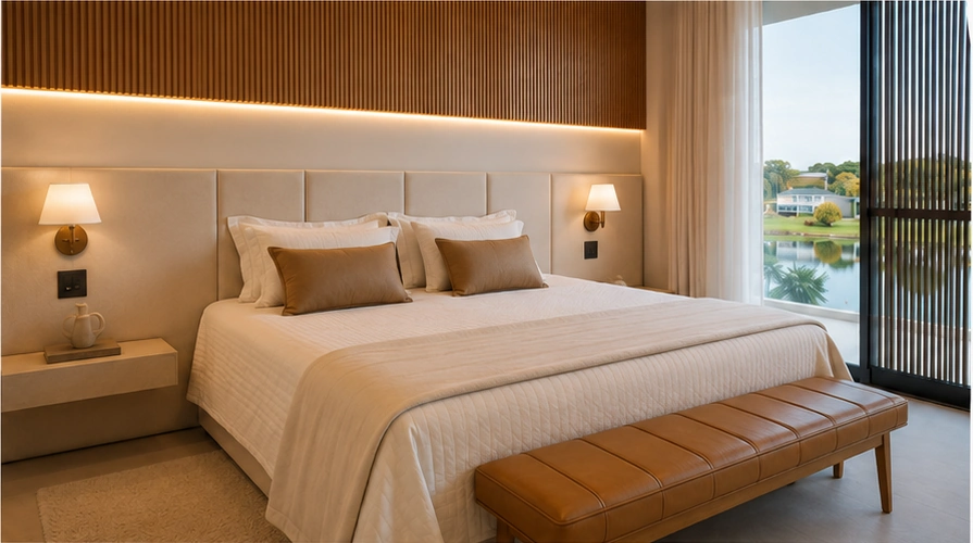 Quarto elegante com cabeceira e composição têxtil