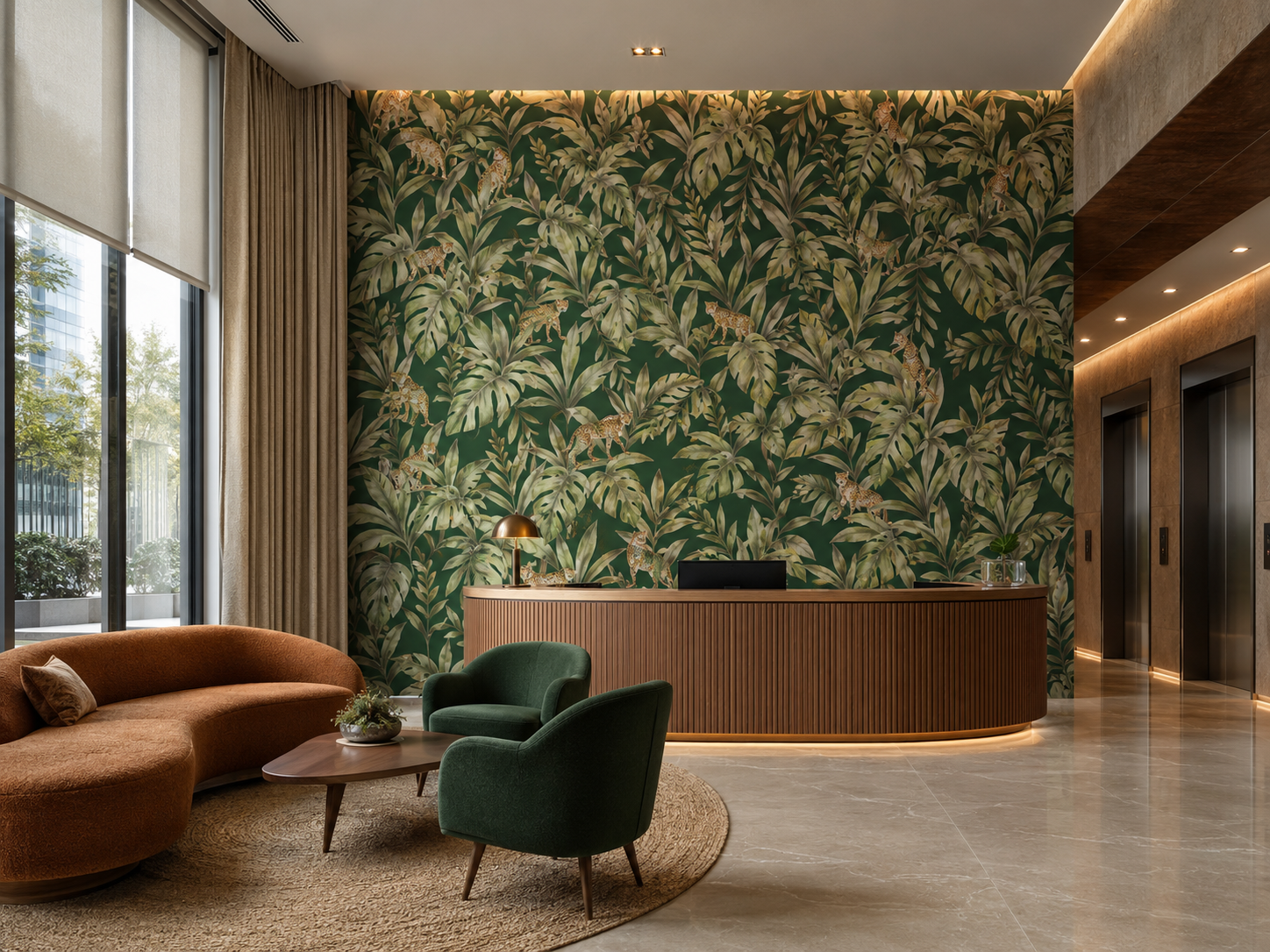 Lobby com papel de parede tropical em verde profundo