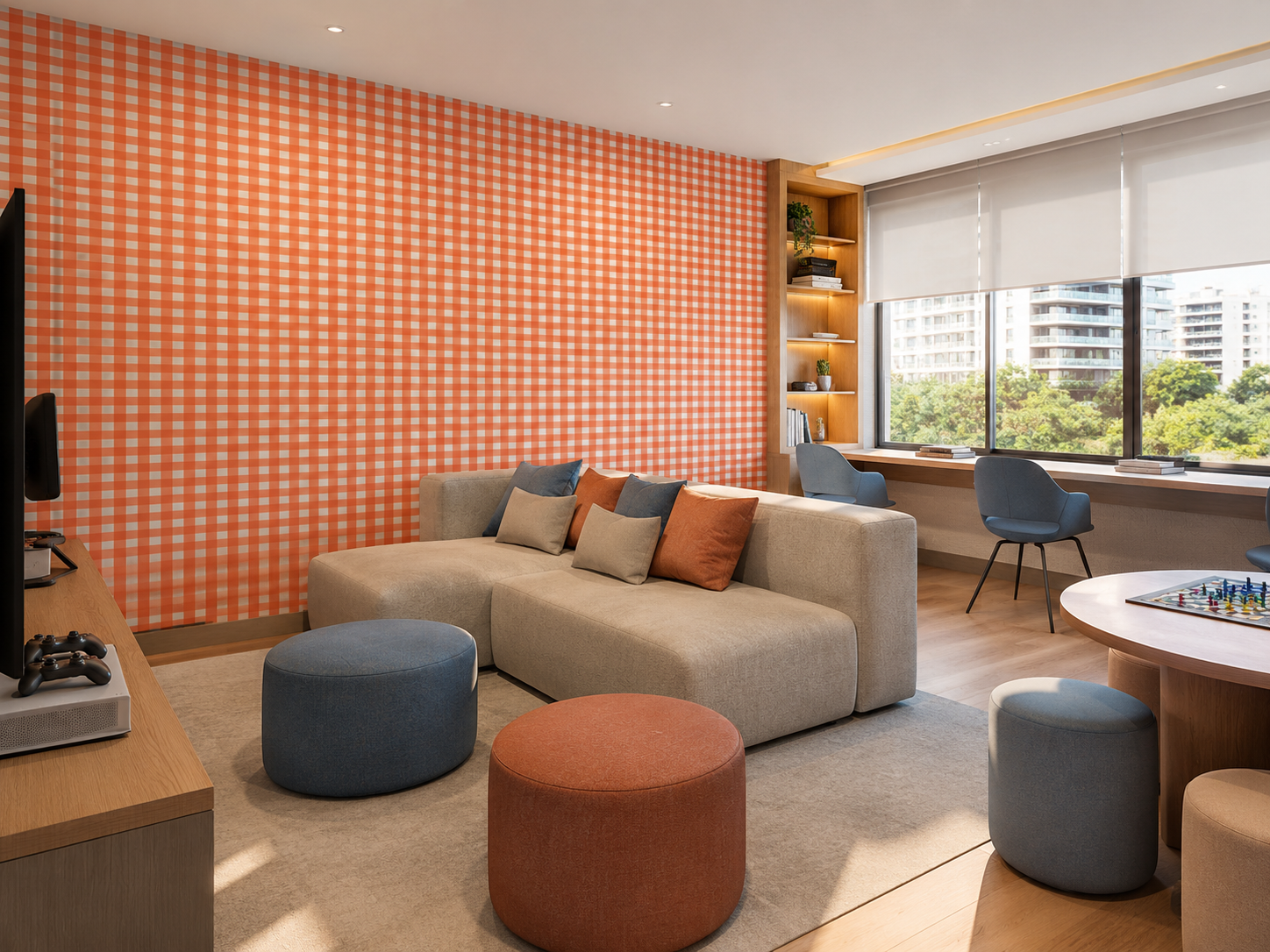 Lounge com papel de parede botânico em azul escuro