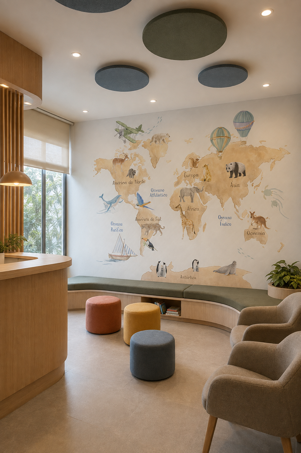 Espaço infantil com mural de mapa mundi ilustrado