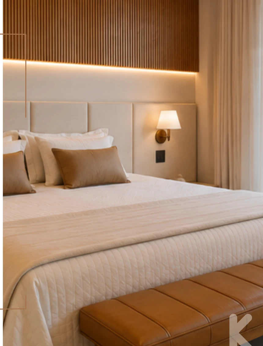 Quarto com painel e cabeceira estofada