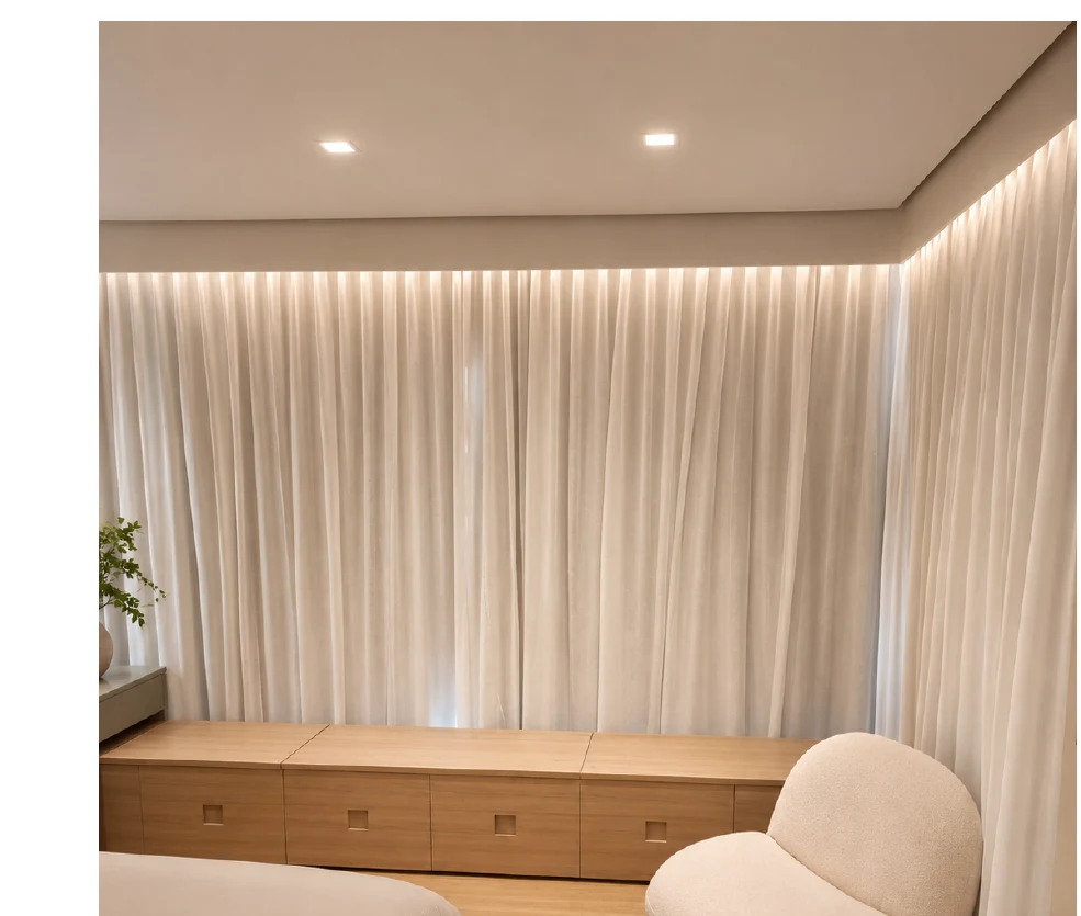 Quarto com cortinas sob medida, banco e poltrona em ambiente elegante
